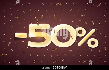 Minus 50 Prozent Verkauf Vektor flaches Banner-Konzept auf dunklem Hintergrund mit goldenen Bändern. Goldverkauf bis zu 50 Prozent. Salling Hintergrundkonzept für Shopping, Rabattflyer-Design. Stock Vektor