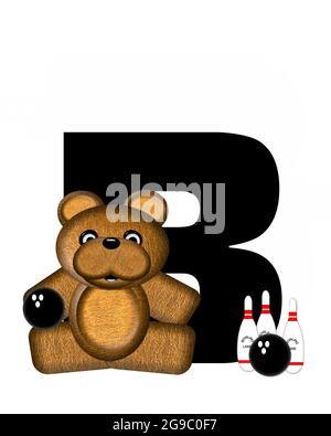 Der Buchstabe B im Alphabet-Set „Teddy Bowling“ ist schwarz. Teddybär, Bowling-Ball und Pins schmücken Brief. Stockfoto
