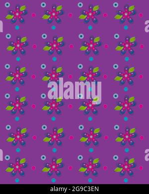 Reihen von Blumen füllen lila, Hintergrund. Blaue und rosa Tupfen umgeben Blumen. Die Kanten der Grafik sind weich und gedämpft. Stockfoto
