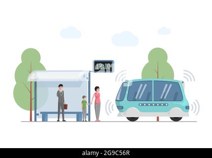 Zukünftige öffentliche Expressverkehr in Stadt Vektor flache Illustration. Die Leute am Busbahnhof warten auf den modernen selbstfahrenden Bus. Futuristischer Hochgeschwindigkeits-Transport. Autonomer elektrischer intelligenter Minibus. Stock Vektor