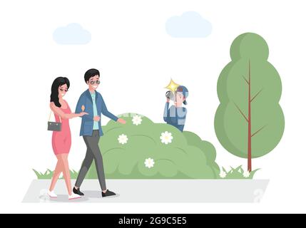 Promi-Paar zu Fuß im Park, Paparazzi versteckt im Busch mit Foto-Kamera Vektor flache Illustration. Berühmter Mann und Frau verbringen Zeit zusammen, Fotograf mit Kamera, die ein Foto macht. Stock Vektor
