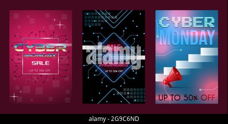 Set aus drei Cyber Monday Verkauf Poster Konzept mit Text Raum. Discount Banner, saisonale Angebot Vektor Neon Stil Illustration. Leuchtet bis zu 50 Prozent auf Werbeaktion Flyer Design. Stock Vektor