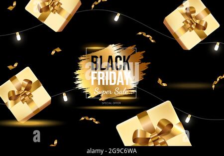 Black Friday Helles Bannerdesign mit goldenen Geschenkboxen und Leuchten. Super Verkauf Vektor Neon Werbung Banner mit Text. Leuchtende Sonderangebot Promotion Poster Vorlage für saisonalen Verkauf. Stock Vektor