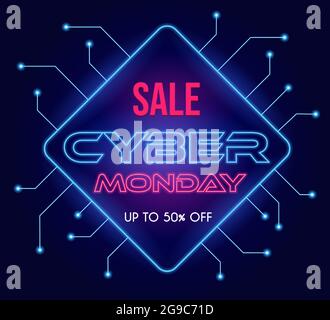 Cyber Monday modernes Tech Vektor Poster Design mit Text. Saisonaler Verkauf bis zu 50 Prozent Rabatt auf Neon-Banner-Vorlage. Modernes leuchtendes Werbeplakatkonzept für Shopping und Marketing. Stock Vektor