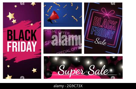 Set aus verschiedenen Black Friday Werbematerialien Design. Sonderangebot, saisonaler Verkauf Vektor Neon Banner Konzept. Super-Verkauf, Urlaub Rabatte Poster oder Flyer mit Sternen und Lichter. Stock Vektor