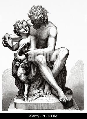 Faun und Satyr. Alte Illustration aus dem 19. Jahrhundert von El Mundo Ilustrado 1879 Stockfoto