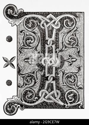 Luxuriöse viktorianische Initialen Buchstabe I, bibel aus dem 14. Jahrhundert. Alte Illustration von Jesus Christus aus dem 19. Jahrhundert von Veuillot 1881 Stockfoto