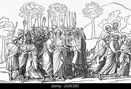 Die Verhaftung Christi. Judas küsste Jesus im Garten von Gethsemene. Alte Illustration von Jesus Christus aus dem 19. Jahrhundert von Veuillot 1881 Stockfoto