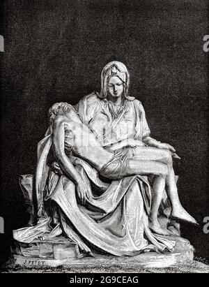 Die Jungfrau Maria mit dem Leib ihres Sohnes Jesus Christus auf den Knien. Alte Illustration von Jesus Christus aus dem 19. Jahrhundert von Veuillot 1881 Stockfoto
