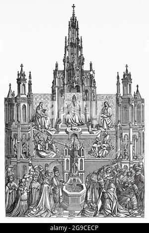 La Fuente De La Vida. Der Brunnen der Gnade, Gemälde von Jan van Eyck (1390-1441) war ein flämischer Maler. Alte Illustration von Jesus Christus aus dem 19. Jahrhundert von Veuillot 1881 Stockfoto