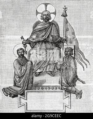 Jesus Christus gibt dem heiligen Petrus die Schlüssel und Karl dem Großen das Banner. Alte Illustration von Jesus Christus aus dem 19. Jahrhundert von Veuillot 1881 Stockfoto