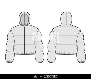 Kapuzenjacke Daunenmantel technische Mode-Illustration mit langen Ärmeln, Reißverschluss, kastenförmige Passform, Länge, weite Steppung. Flache Schablone vorne, hinten, graue Farbe. Frauen, Männer top CAD Stock Vektor