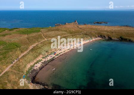 Luftaufnahme des Strandes von Ruby Bay, Elie, Fife, Schottland. Stockfoto