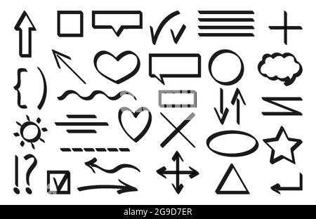 Textmarkierungslinien unterstreichen Striche, die isoliert auf Weiß gesetzt wurden. Zum Hervorheben von Markierungen und zum Färben wichtiger Details. Flache, mehrfarbige Schrotfells. Markieren Sie Markierungen, Unterstreichungen, Pfeile. Vektorgrafik Stock Vektor