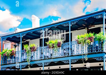 Ein schmiedeeiserner Balkon ist in der SOCU Southern Kitchen and Bar in der Dauphin Street, 23. Juli 1973, in Mobile, Alabama, abgebildet. Stockfoto