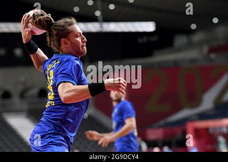 Tokio, Japan. Juli 2021. Handball: Olympische Spiele, Brasilien - Frankreich, Vorrunde, Gruppe A, Spieltag 2 im Yoyogi National Stadium. Fabio Chiuffa aus Brasilien. Quelle: Swen Pförtner/dpa/Alamy Live News Stockfoto