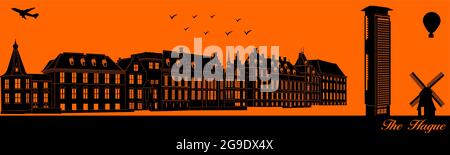 Vector City Skyline Silhouette - Illustration, Stadt auf orangefarbenem Hintergrund, Den Haag Niederlande Stock Vektor