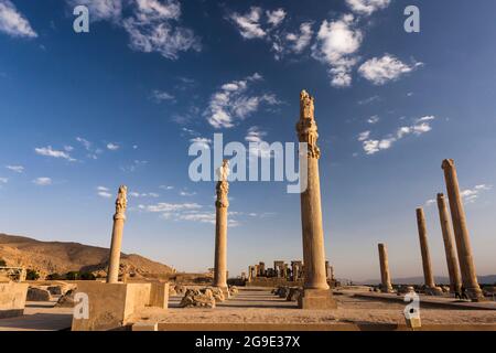 Persepolis am Abend, massive Steinsäulen der Apadana Ruinen, Hauptstadt des Achaemeniden Reiches, Fars Provinz, Iran, Persien, Westasien, Asien Stockfoto