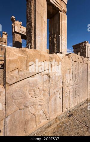 Persepolis, Palast von Darius dem Großen (Tachara), Flachrelief des Löwen, Hauptstadt des Achämeniden-Reiches, Fars-Provinz, Iran, Persien, Westasien, Asien Stockfoto