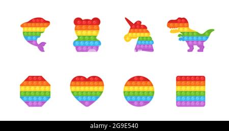 Lassen Sie es sich nicht nehmen. Set von trendigen sensorischen Spielsachen. Verschiedene geformte Antistress Kinder Spiel. Buntes Handspielzeug mit Push-Blasen. Vektorgrafik Stock Vektor