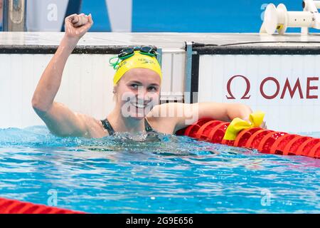 Tokio, Japan. Juli 2021. TOKIO, JAPAN - 26. JULI: Ariarne Titmus aus Australien feiert nach dem Gewinn des 400-m-Freistil-Finales der Frauen während der Olympischen Spiele 2020 in Tokio im Tokyo Aquatics Center am 26. Juli 2021 in Tokio, Japan (Foto: Giorgio Scala/Deepbluemedia/Insidefoto) Credit: Insidefoto srl/Alamy Live News Stockfoto