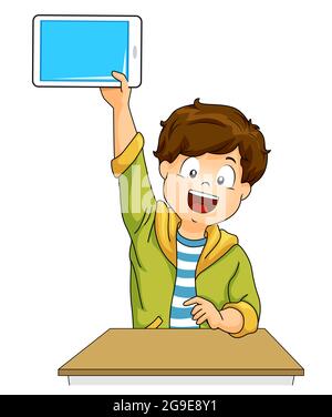 Illustration eines Jungen, der einen leeren Tablet-Computer mit Antwort von seinem Schreibtisch aufhebt Stockfoto