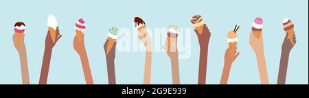 Gruppe von Multi ethnischen Menschen Banner mit verschiedenen Geschmacksrichtungen von Eis-Zapfen voller Sommer-Eis auf blauem Hintergrund Stock Vektor