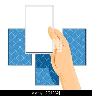 Abbildung einer Hand, die eine leere Tarot-Karte hält und diese liest Stockfoto
