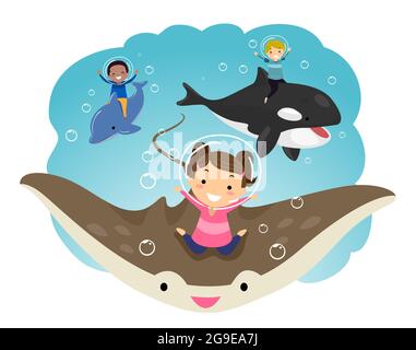 Fantasy Illustration von Stickman Kids mit Helm, Stachelrochen, Delphin und Wal unter Wasser Stockfoto