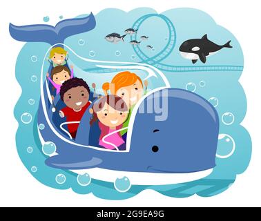 Fantasy-Illustration von Stickman Kids, die in einem Unterwasser-Freizeitpark einen Walritt reiten Stockfoto