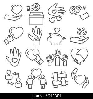 Symbole für die Spendenlinie auf weißem Hintergrund Stock Vektor