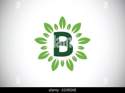 Initial B Monogramm Buchstaben Alphabet mit Blattkranz. Grünes Blatt, Blume Logo Design-Konzept. Modernes Vektor-Logo-Design für Unternehmen und Unternehmen Stock Vektor