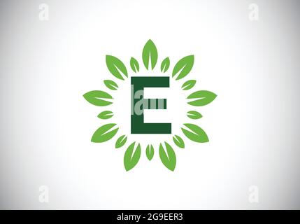 Initial E Monogramm Buchstaben Alphabet mit Blattkranz. Grünes Blatt, Blume Logo Design-Konzept. Modernes Vektor-Logo-Design für Unternehmen und Unternehmen Stock Vektor