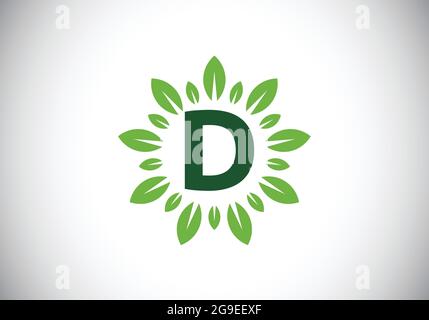 Initial D Monogramm Buchstaben Alphabet mit Blattkranz. Grünes Blatt, Blume Logo Design-Konzept. Modernes Vektor-Logo-Design für Unternehmen und Unternehmen Stock Vektor