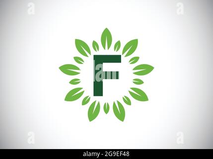 Anfängliches F-Monogramm-Buchstaben-Alphabet mit Blattkranz. Grünes Blatt, Blume Logo Design-Konzept. Modernes Vektor-Logo-Design für Unternehmen und Unternehmen Stock Vektor