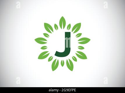 Anfängliches J-Monogramm-Buchstaben-Alphabet mit Blattkranz. Grünes Blatt, Blume Logo Design-Konzept. Modernes Vektor-Logo-Design für Unternehmen und Unternehmen Stock Vektor