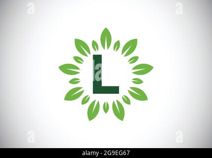 Initial L Monogramm Buchstaben Alphabet mit Blattkranz. Grünes Blatt, Blume Logo Design-Konzept. Modernes Vektor-Logo-Design für Unternehmen und Unternehmen Stock Vektor