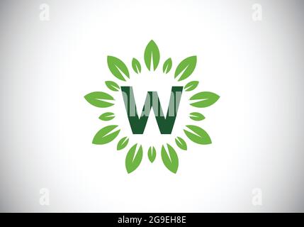 Anfängliches W-Monogramm-Alphabet mit Blattkranz. Grünes Blatt, Blume Logo Design-Konzept. Modernes Vektor-Logo-Design für Unternehmen und Unternehmen Stock Vektor