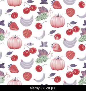 Saftig reife Früchte, Beeren und Gemüse nahtlos Muster. Bunte Vektordarstellung von Erdbeere, Himbeere, Traube, Kürbis, Banane, Kirsche. Stock Vektor