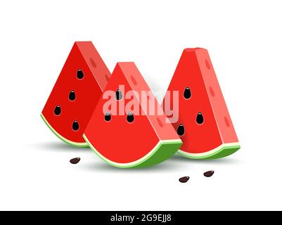 Drei Wassermelonenscheiben mit isolierten Samen auf weißem Hintergrund. Stock Vektor