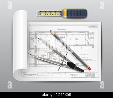3d realistische Vektor-Design-Projekt-Symbol mit Papierrolle, Messwerkzeug, Bleistift und Lineal. Stock Vektor