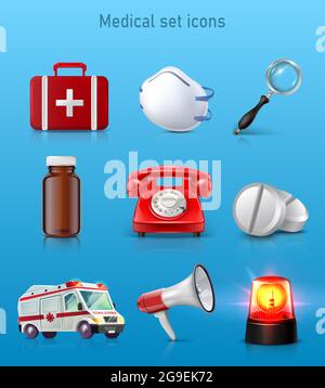 realistische 3d-Symbole für medizinische Zwecke. Verbandskastenbeutel, Maske, Lupe, Pillenflasche, rotes Telefon, Pillen, Ambulanzwagen, Megaphon und Rotlicht. Stock Vektor