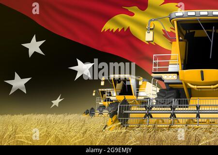 3 gelbe moderne Mähdrescher mit Papua-Neuguinea-Flagge auf Getreidefeld - Ansicht schließen, Farming Concept - industrielle 3D-Illustration Stockfoto