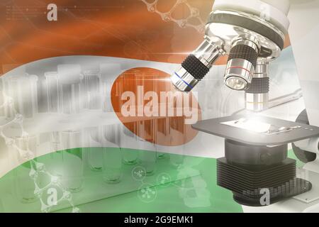 Mikroskop auf Niger Flagge - Wissenschaftsentwicklung digitaler Hintergrund. Forschung des Zelllebenskonzepts, 3D-Darstellung des Objekts Stockfoto