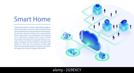 Smart-Home-Konzept als Webbanner. isometrische 3D-Vektordarstellung von Häusern und Geräten, die über die Cloud verbunden sind. Stock Vektor