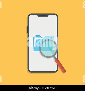 Telefon mit Ordnersuche und Lupenfinder. Touchscreen-Gerät mit verschiedenen Ordnern. Stock Vektor