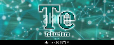 TE-Symbol. Tellurium-chemisches Element auf grünem Netzwerkhintergrund Stockfoto