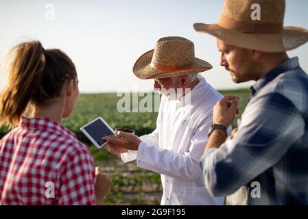 Junge Bauern stehen auf dem Feld und hören zu lernen. Älterer Wissenschaftler mit weißem Mantel und Strohhut, der Tablette und Bodenprobe in Petri DIS hält Stockfoto