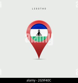 Teardrop-Kartenmarkierung mit Flagge von Lesotho. Flagge des Königreichs Lesotho in die Ortskennzeichnung eingefügt. 3D-Vektordarstellung isoliert auf hellgrauer Rückseite Stock Vektor