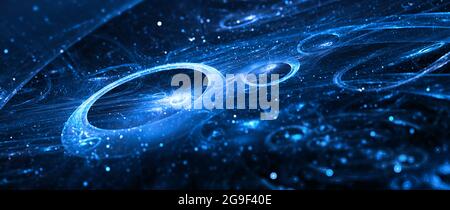 Blau leuchtende multidimensionale galaktische Torusse im Weltraum, computergenerierter abstrakter Hintergrund, 3D-Rendering Stockfoto